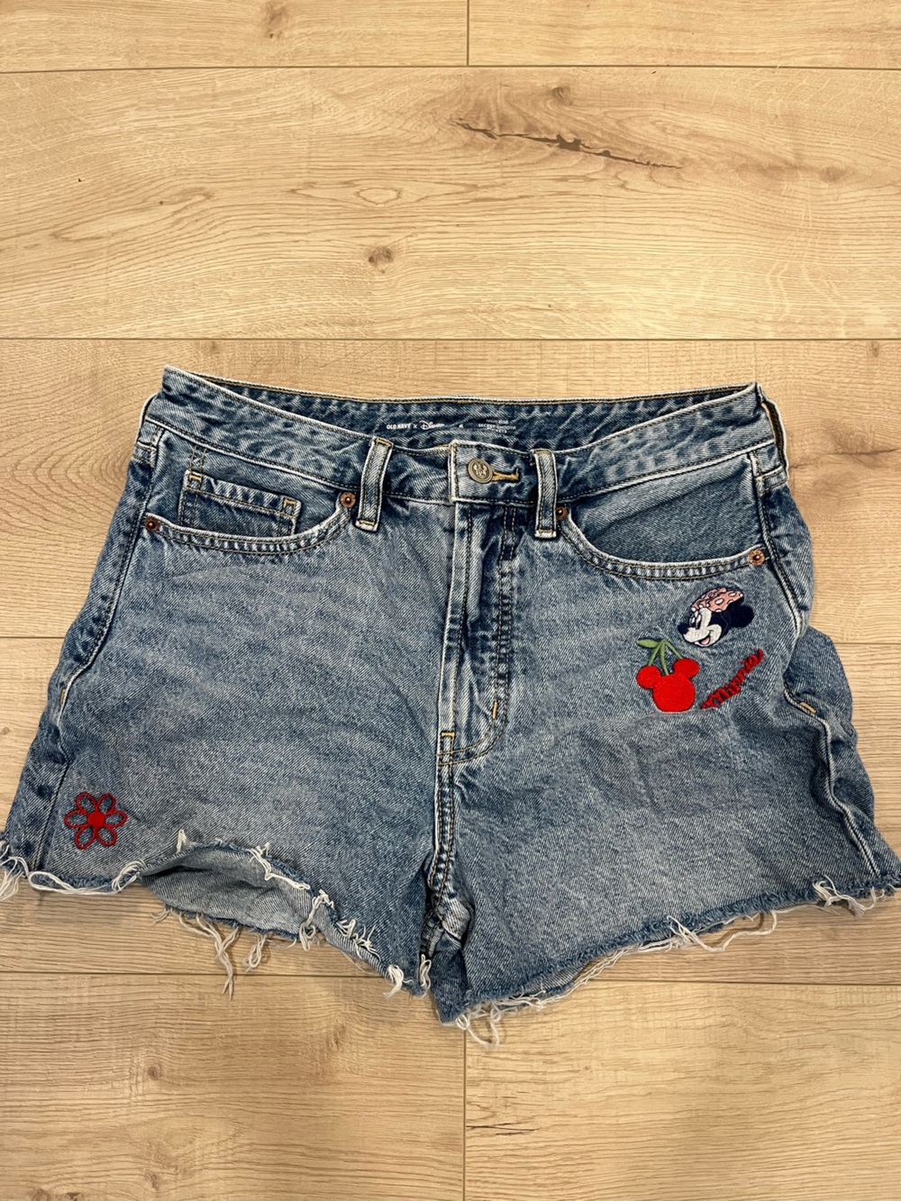 Old Navy Blue Denim Women's Shorts with Disney Embroidered Patches